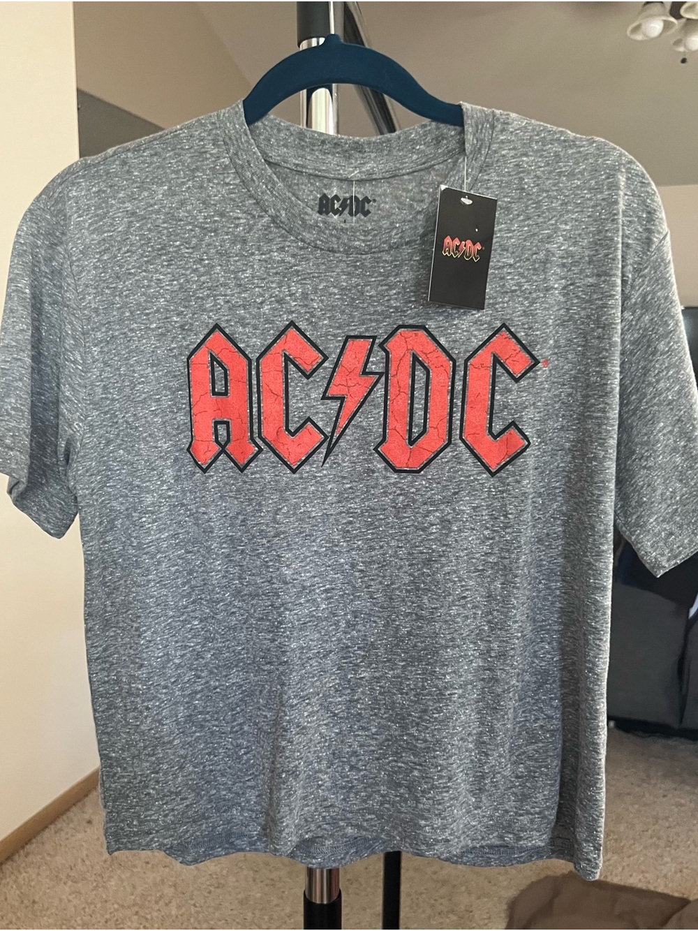 AC/DC Heather Gray Short Sleeve Tee with Red Logo